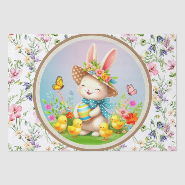 Cute Easter Bunny and Happy Spring Flowers Holiday Tissue Paper (Front)