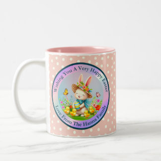 Cute Easter Bunny and Happy Spring Flowers Holiday Two-Tone Coffee Mug
