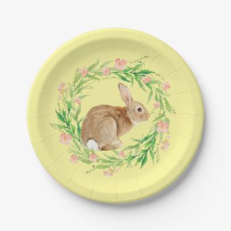 Cute Easter Bunny and Spring Floral Wreath Paper Plate