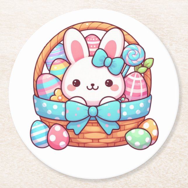 Cute, Easter bunny bakset Round Paper Coaster (Front)