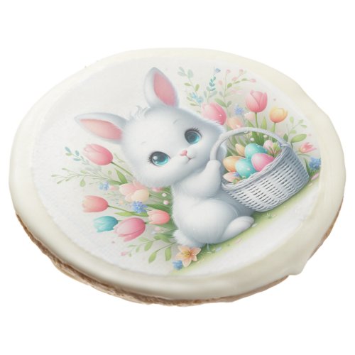 Cute Easter Bunny Basket and Flowers Sugar Cookie