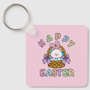 Cute Easter Bunny Basket with Eggs Keychain