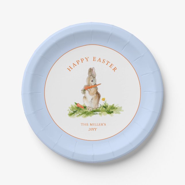 Cute Easter Bunny Blue & White Paper Plates (Front)
