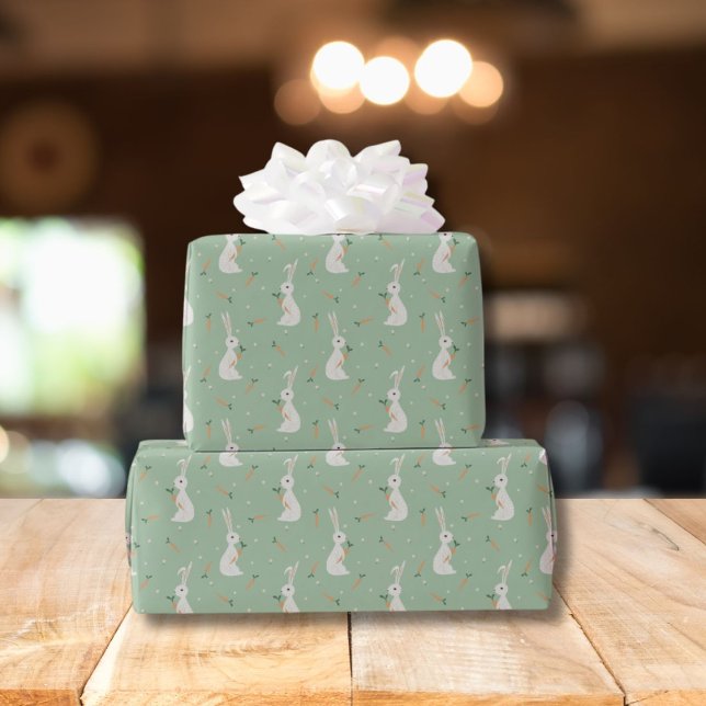 Cute Easter bunny & carrot pattern on light green Wrapping Paper (Creator Uploaded)