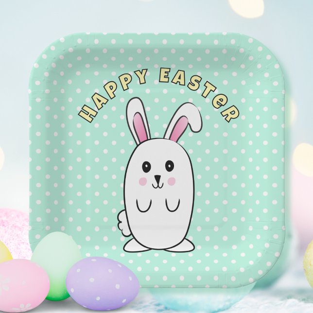 Cute Easter Bunny Cartoon Mint Yellow Pink Funny  Paper Plates (Creator Uploaded)