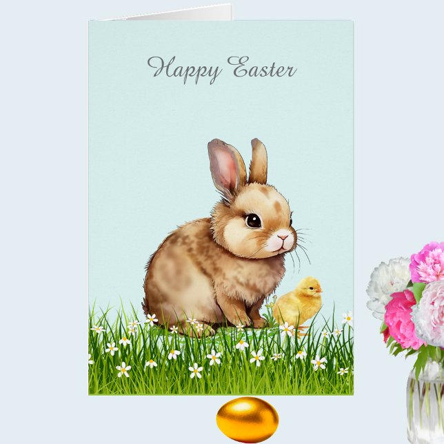 Cute Easter Bunny & Chick on Light Blue Cards (Creator Uploaded)