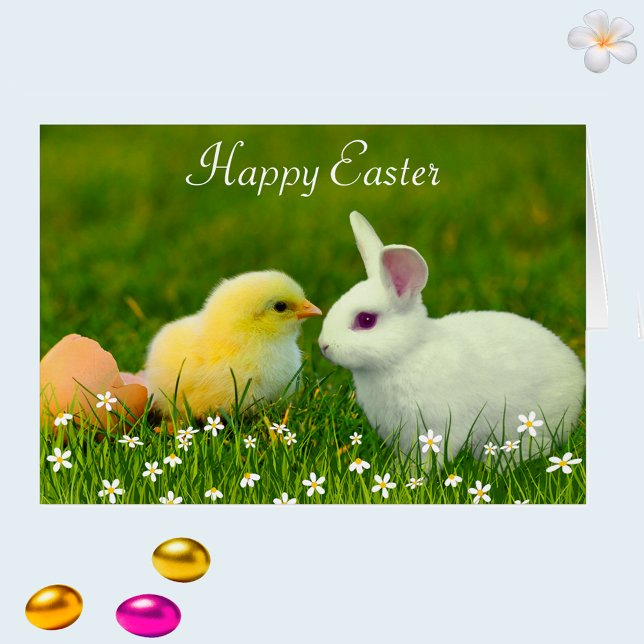 Cute Easter Bunny & Chick with Flowers Cards (Creator Uploaded)