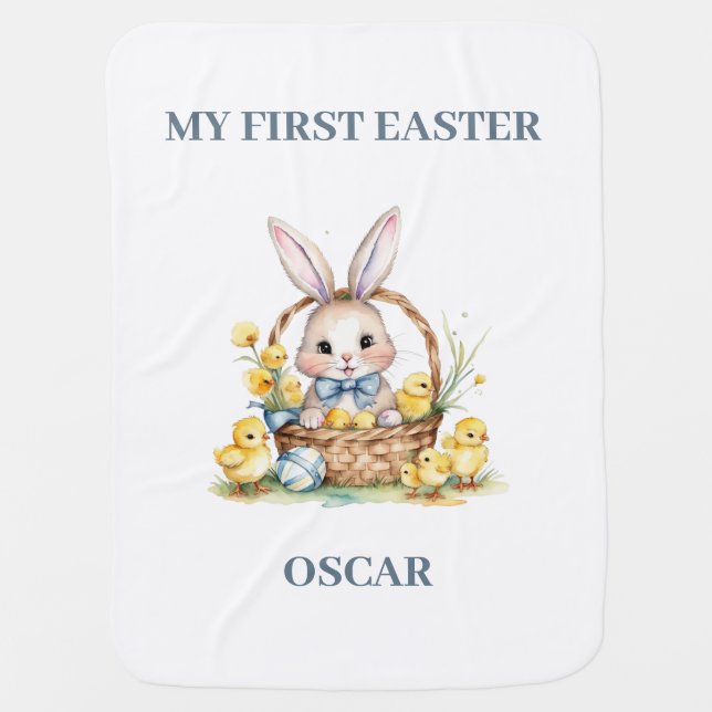 Cute Easter Bunny & Chicks. First Easter. Editable Baby Blanket (Front)