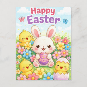 Cute Easter Bunny & Chicks Happy Easter Holiday Postcard