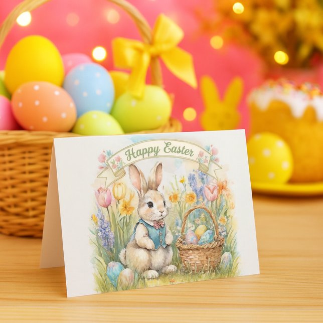 Cute Easter Bunny Children's Holiday Card (Watercolor Easter card with bunny, tulips, daffodils, and basket of eggs under “Happy Easter” banner)