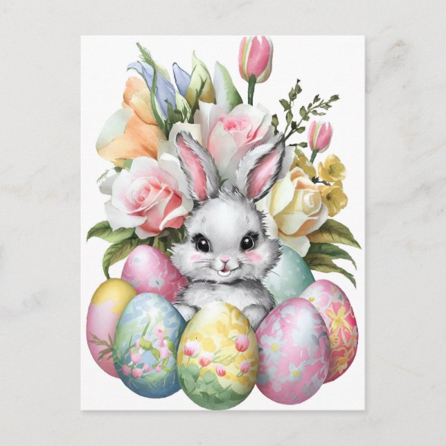 Cute Easter bunny colorful eggs with flowers  Holiday Postcard (Front)