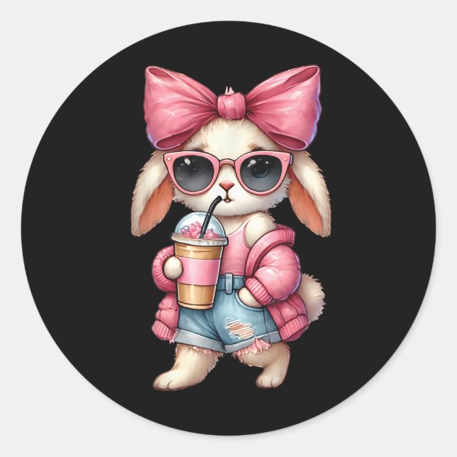 Cute Easter Bunny Drinking Ice Coffee Easter Bow W Classic Round Sticker (Front)