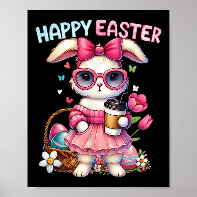 Cute Easter Bunny Drinking Ice Coffee Easter Bow W Poster (Front)