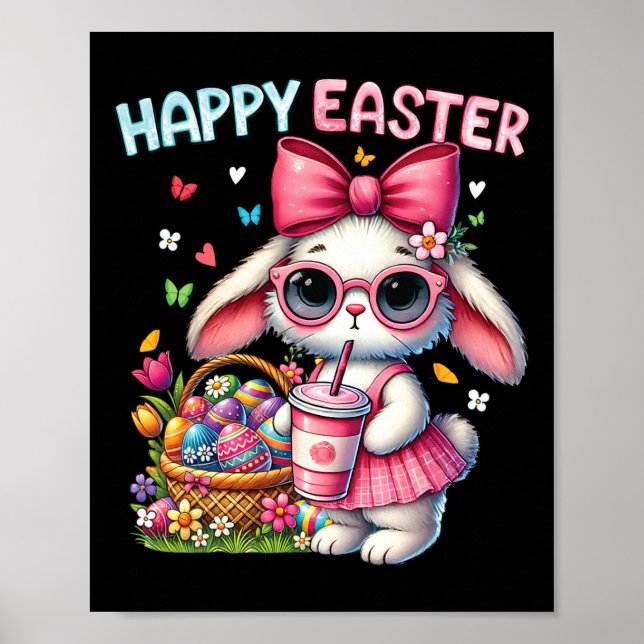 Cute Easter Bunny Drinking Ice Coffee Easter Bow W Poster (Front)
