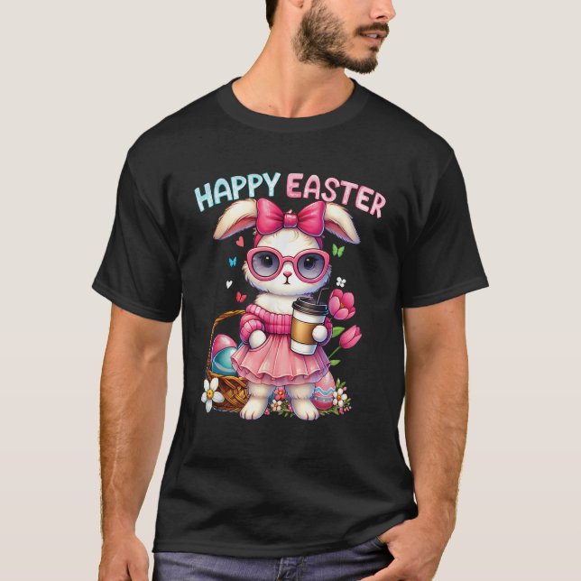 Cute Easter Bunny Drinking Ice coffee Easter Bow W T-Shirt (Front)