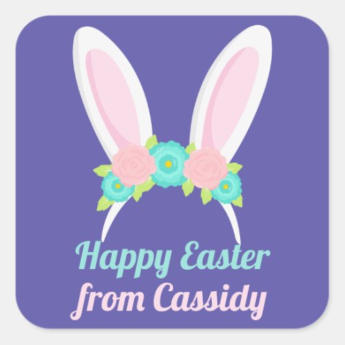 Cute Easter Bunny Ears Custom Purple Chic Floral Square Sticker