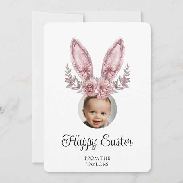 Cute Easter Bunny Ears Kids Photo Holiday Card (Front)