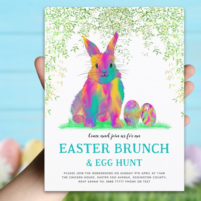 Cute Easter Bunny Egg Hunt Brunch Pink Invitation Postcard (Easter brunch and egg hunt invitation with colorful watercolor bunny and eggs and eucalyptus foliage)
