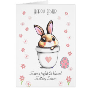 Cute Easter Bunny, Egg & Pink Flowers Cards