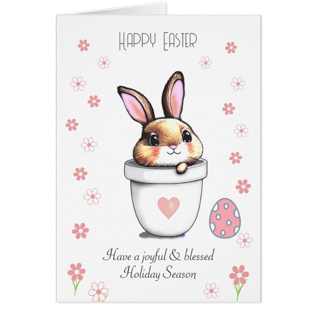 Cute Easter Bunny, Egg & Pink Flowers Cards (Front)