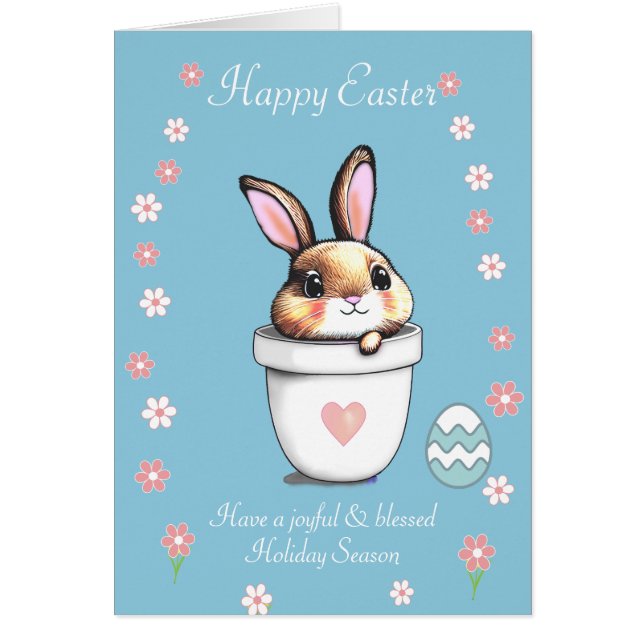 Cute Easter Bunny, Egg & Pink on Light Blue Cards (Front)