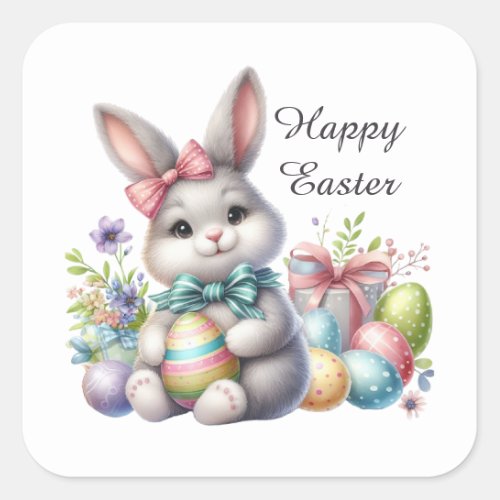 Cute Easter bunny eggs add text Square Sticker