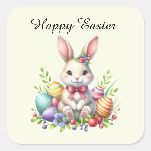 Cute Easter bunny eggs add text  Square Sticker