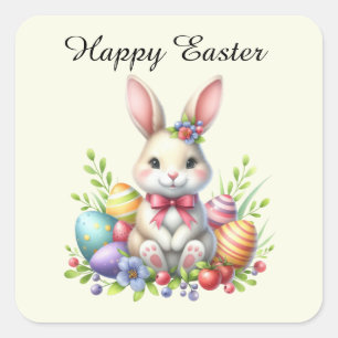 Cute Easter bunny eggs add text Square Sticker