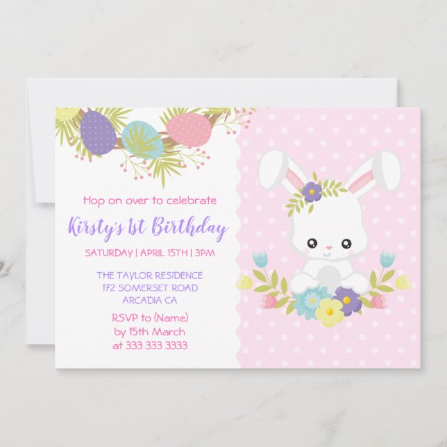 Cute Easter Bunny Eggs Flowers Birthday Party Invitation (Front)