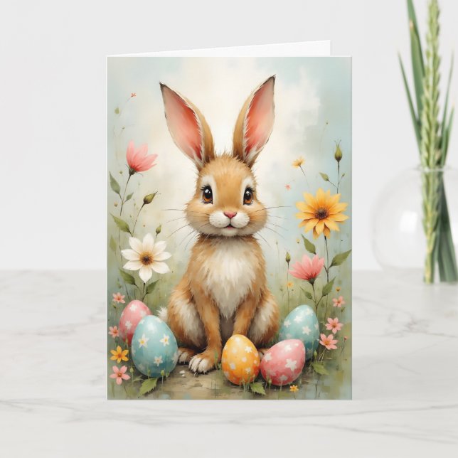 Cute Easter Bunny Eggs Flowers Easter Card (Front)