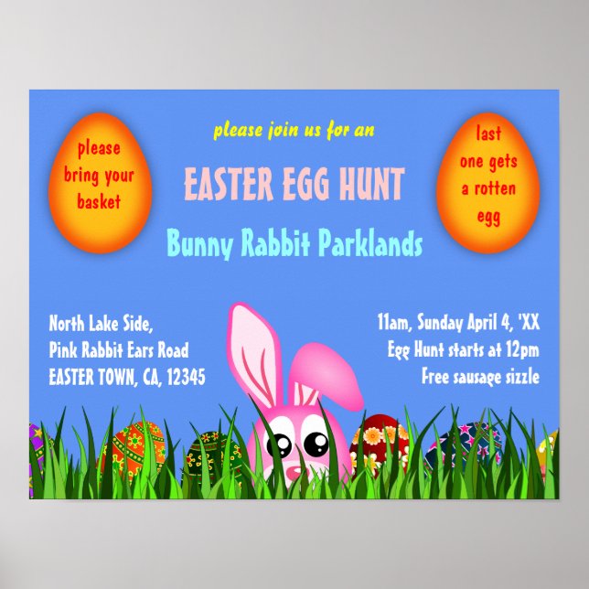 Cute Easter Bunny & Eggs in Grass Egg Hunt Poster (Front)
