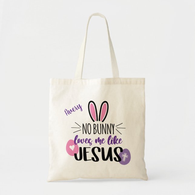 Cute Easter Bunny Eggs Jesus Loves Me Personalized Tote Bag (Front)