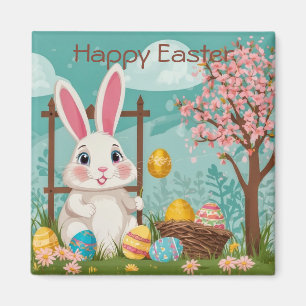 Cute Easter Bunny Eggs Spring Floral Illustration Magnet