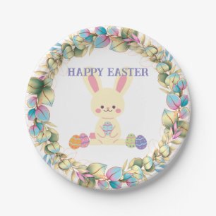 Cute Easter Bunny Eggs Wreath Yellow Pink Green Paper Plates