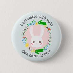 Cute Easter Bunny Face Flower Wreath Custom Button