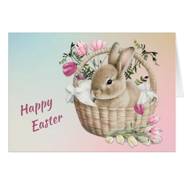 Cute Easter Bunny Floral Basket Cards (Front Horizontal)