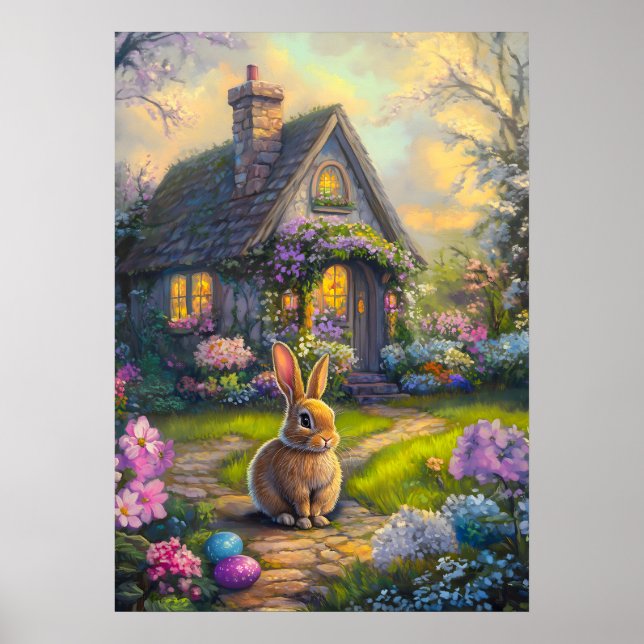 Cute Easter Bunny Floral Painting Poster (Front)