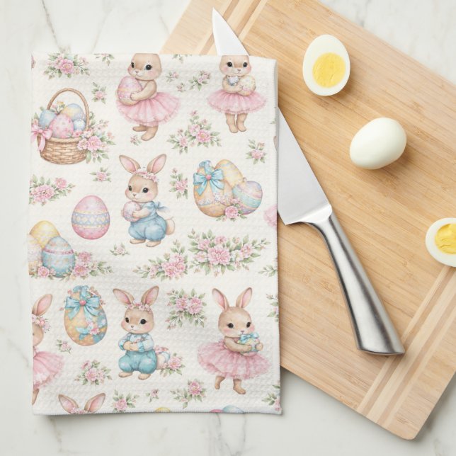 Cute Easter Bunny Floral Pattern - Pastel Spring  Kitchen Towel (Quarter Fold)