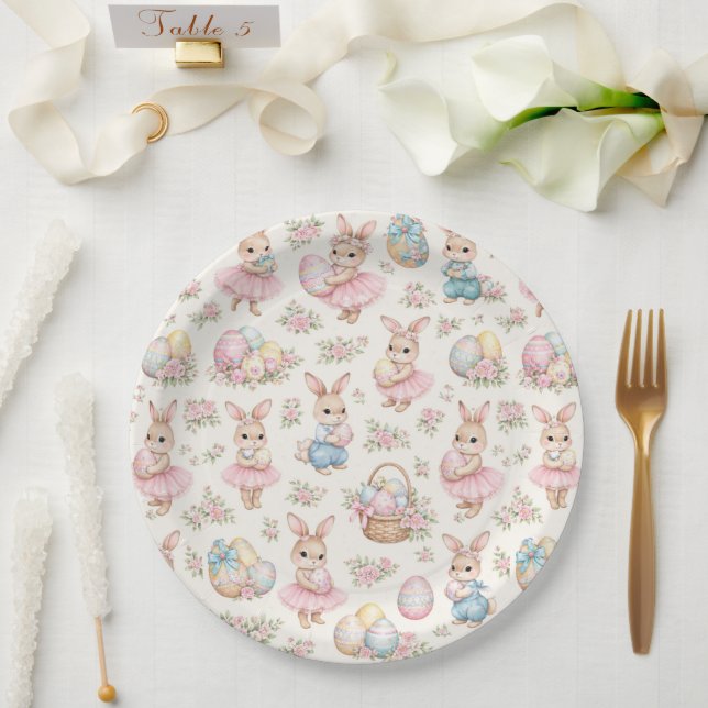 Cute Easter Bunny Floral Pattern - Pastel Spring Paper Plates (Wedding)