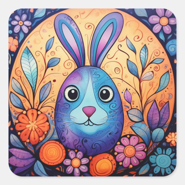 Cute Easter Bunny Floral Spring Square Sticker (Front)