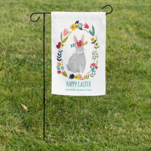 Cute Easter Bunny Floral Wreath Spring Garden Flag