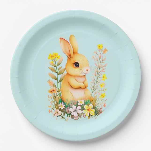 Cute Easter Bunny & Flowers on Light Blue Paper Plates (Front)