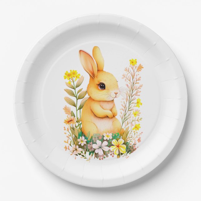 Cute Easter Bunny & Flowers on White Paper Plates (Front)