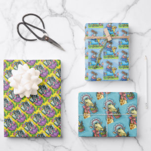 CUTE EASTER BUNNY, GIRAFFE, WHIMSY ZEBRA & TULIPS WRAPPING PAPER SHEETS