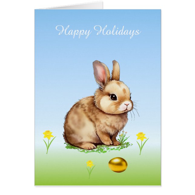 Cute Easter Bunny & Golden Egg on Light Blue Cards (Front)