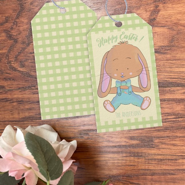 Cute Easter Bunny Green Gingham pattern Gift Tag (Cute Easter bunny gift tags .)