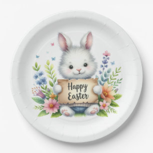 Cute Easter Bunny Holding an Easter Sign Paper Plates