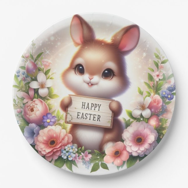 Cute Easter Bunny Holding an Easter Sign  Paper Plates (Front)