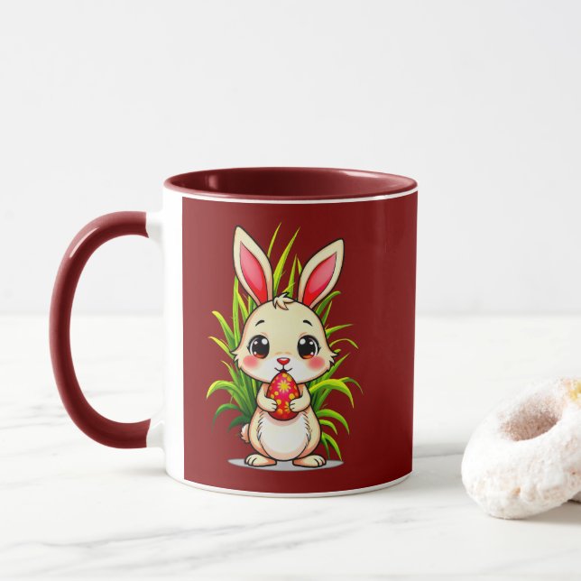 Cute Easter Bunny Holding Egg - caneca Mug (With Donut)