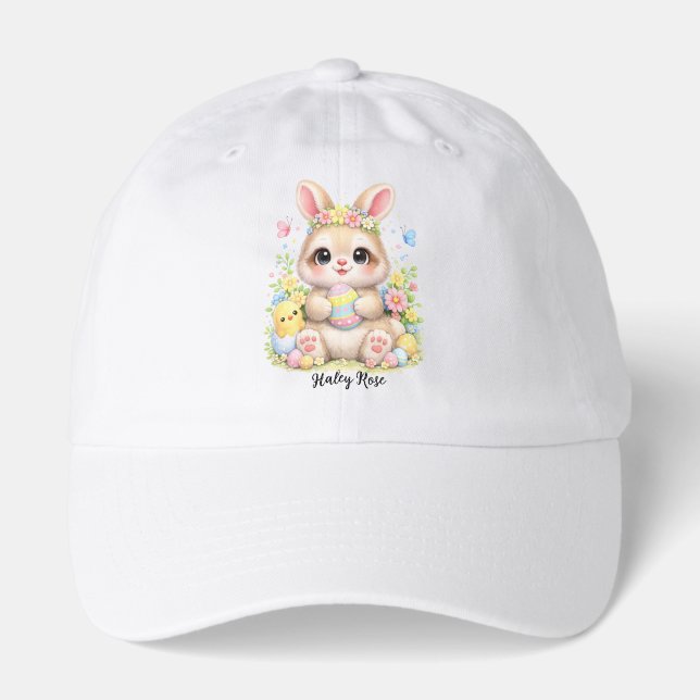 Cute Easter Bunny Holding Eggs with Flowers Hat (Front)